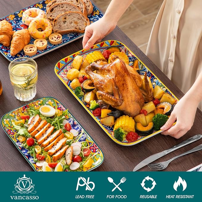 vancasso Serving Platters Set of 3, 16"/14"/12" In Rectangular Trays Retro | Ceramic Serving Dish for Entertaining Food, Microwave & Dishwasher Safe