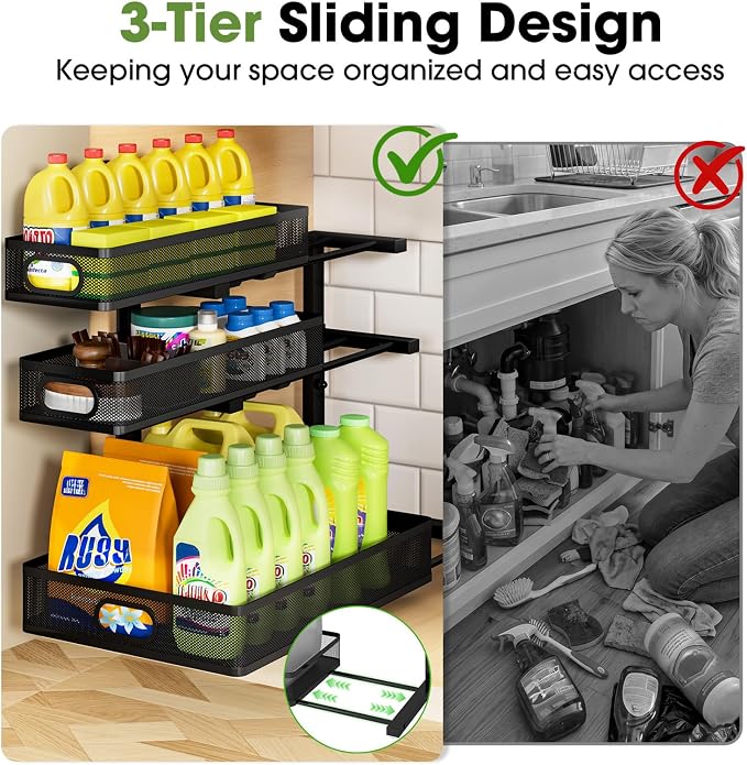 Under Sink Organizer 3 Tier, 4 Pack L-Shaped Pull-Out Cabinet Organizer with Sliding Metal Mesh Drawers, Height Adjustable Under Sink Storage Rack for Kitchen Bathroom Cabinet, Black