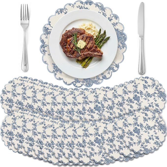 Set of 24 Blue Cotton Placemats 15" Round Scalloped Navy Blue | Double Layered Cotton Fabric, Washable Embroidery, Navy Blue Edge Edge, Rustic Table Mats for Wedding Dining Table Decor
