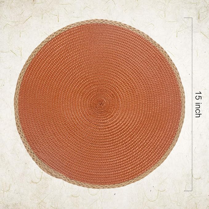 Round Placemats Set of 8, Woven Table Mats, Thin Edge, Dark Orange | Braided Paper Edge, 15 Inch Diameter, Fits Dinner Plate and Flatware, Wipeable, Heat Resistant, Indoor Dining, Outdoor Patio