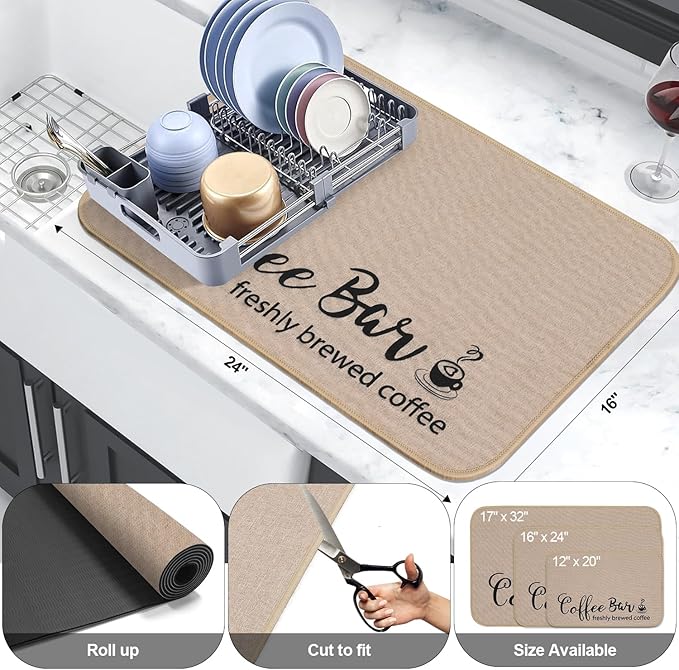 Findosom Dish Drying Mat, 16"x 24" Super Absorbent & Hide Stain Coffee Mat, Cuttable Drying Mat for Kitchen Counter, Coffee Bar Accessories, Under Dish Rack, Coffee Maker, Espresso Machine, Linen