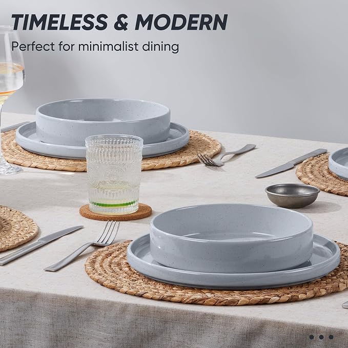 E-far 16-Piece Stoneware Dinnerware Sets with Pasta Bowls, Speckled Gray | Plates and Bowls Sets for 4, Chip and Scratch Resistant, Microwave & Dishwasher Safe Kitchen Modern Dish Set