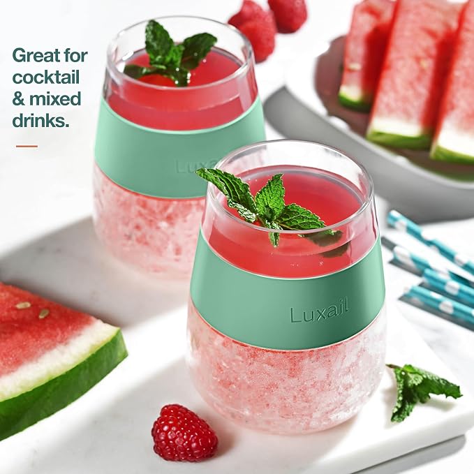 luxail Wine Glasses, Plastic Wine Glasses Set of 2, Wine Gifts, Double Wall Insulated Freezer Tumbler, Stemless Freezer cups for Red and white Wine, 8.5 Oz, Sage Green