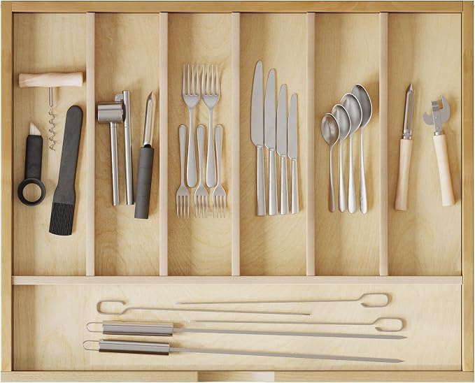 WelFurGeer Solid Birch Wood Silverware Drawer Organizer, Wooden Cutlery Drawer Organizer, Utensil Tray for Kitchen Drawers, Kitchen Utensil Organizer for Silverware, Flatware, Spoons, Forks, Knives