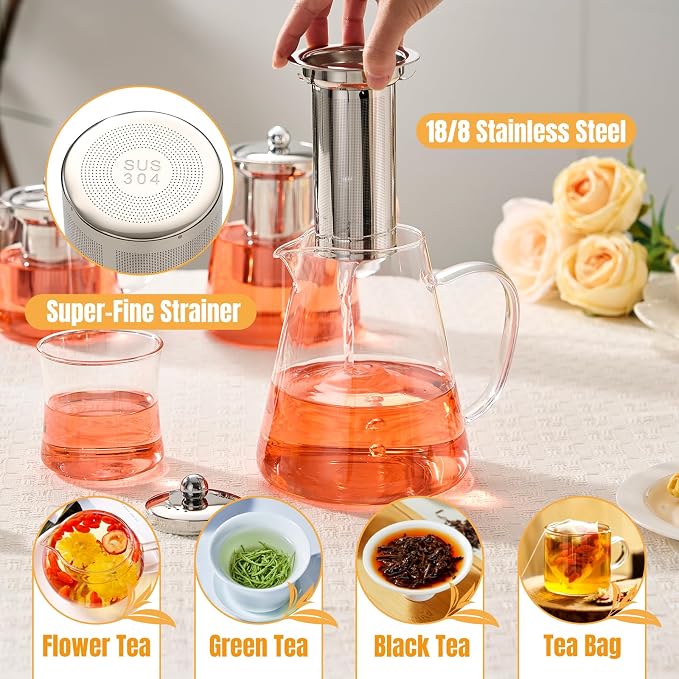 Baalaka Teapot with Infuser, 44 oz Borosilicate Glass Kettle, Stovetop | Removable 18/8 stainless steel strainer filters loose leaf, fruit and herbal blends; wide mouth and angled spout ease use