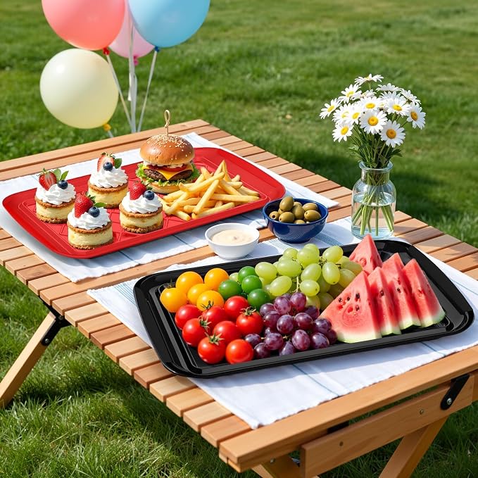 Grilling Prep & Serve Trays for Party Set of 6, Large BBQ Serving Platters | Dishwasher Safe Plastic Trays for Raw and Cooked Food 17"×10.5" Stackable Party Supplies for Grilling, Meal Prep, Red/Black