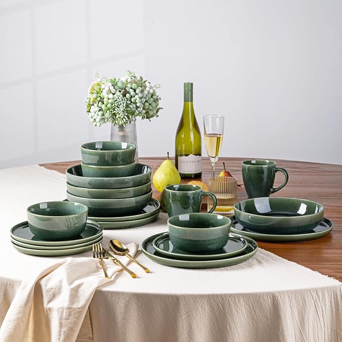GBhome 8.75'' Large Ceramic Pasta Bowls, 38oz Stoneware Pasta Serving Bowls Set of 4 for Kitchen, Wide Bowls for Fruit,Pasta,Salad,Oatmeal,Meal, Microwave Safe, Reactive Glaze-Earth Green