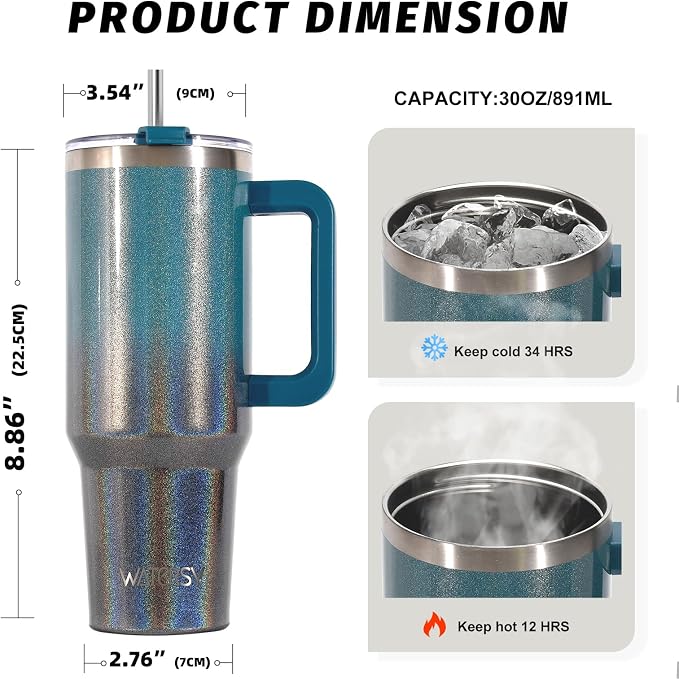 30 oz Shiny Tumbler with Handle and Straw,Stainless Steel Tumbler with Lid and Straw,Insulated Travel Mug(Cold for 34 Hours),Water Bottle for Iced Tea,Coffee (Black Blue)