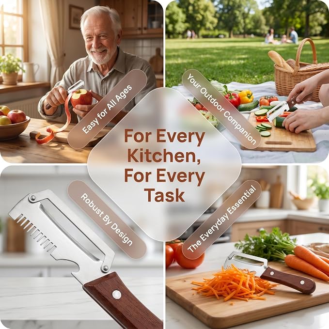 Multifunction Vegetable Peeler with Bottle Opener, 2PCs 3 in 1 Peeler | Durable Stainless Steel Blade, Ergonomic Wooden Handle, Easy to Peeling, Shredding, Open Bottles, easy to clean and store