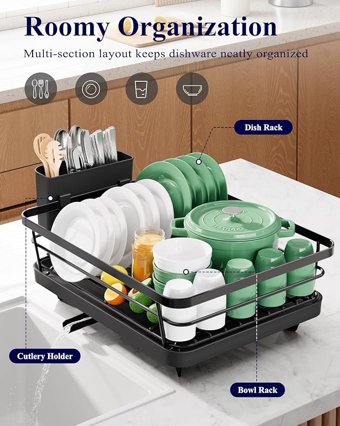 Kitsure Dish Drying Rack for Kitchen Counter, 12''W x 15.5''L, Black | Stainless Steel Sink Organization, Cutlery Holder, Home and Appartment Decor