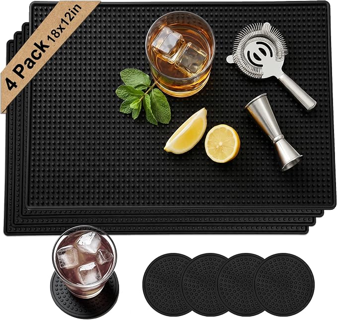 4 Pack Bar Mats for Countertop, Bacohay 18" x12" Rubber Coffee Bar Mat | Non-slip dish drying mats with 4 coasters, Easy to clean spill mats for bartending, coffee bar, kitchen, restaurant, home bar