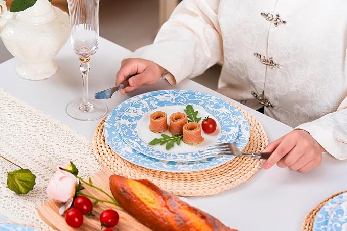 FHGNYSM 12-Piece Porelain Dinnerware Set, Light Blue | 12-Piece Plates and Bowels set, Vitage Scroll Pattern, Elegant Classic Kitchen Dish Set for Wedding, Party & Everyday Use