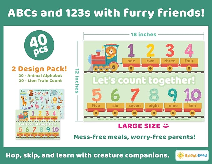 Bright Seed Disposable Placemats for Baby & Toddlers, Learning Mat- Animal1 | 40 Disposable Placemats, ABC, Numbers & Animal Learning, Perfect for Restaurants & Travel, Helps Keep Tables Clean