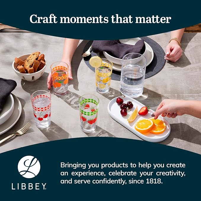 Libbey Vintage Juice Drinking Glasses Set of 4, Colorful, Retro Fruit Design Glass Cups Set, Dishwasher Safe Water Glasses Set for Everyday Beverages