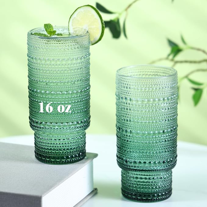 Large Capacity 16 oz Hobnail Drinking Glasses Set of 12, Vintage Glassware Drinking Glasses, Gradual Green Water Glasses Tumbler, Cups for Kitchen, Juice, Beer, Cocktail