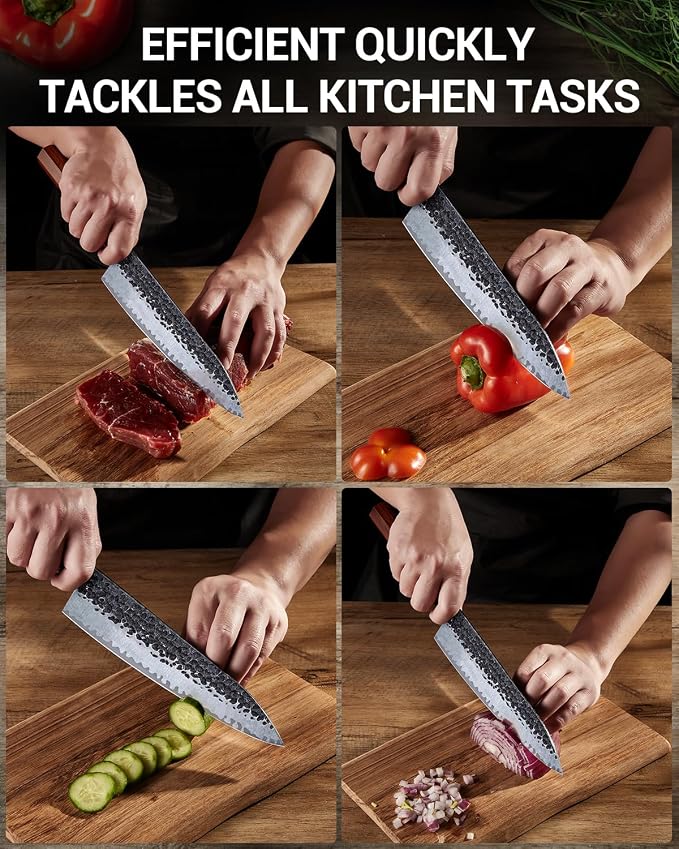 8" Japanese Knife, Hand-Forged Ultra Sharp Chef Knife Gifts for Men | 5-Layer High Carbon 9CR18MOV Steel Kitchen Knife with Rosewood Handle for Home Cooking/BBQ, Unique Birthday Gifts for Dad/Mom