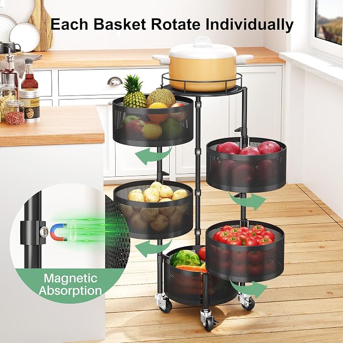 SAYZH 5 Tier Fruit Vegetable Basket Stand for Kitchen, Rotating, Black | Rolling Storage Cart with top lid, Large Metal Wire Rack for Potato and Onion Storage