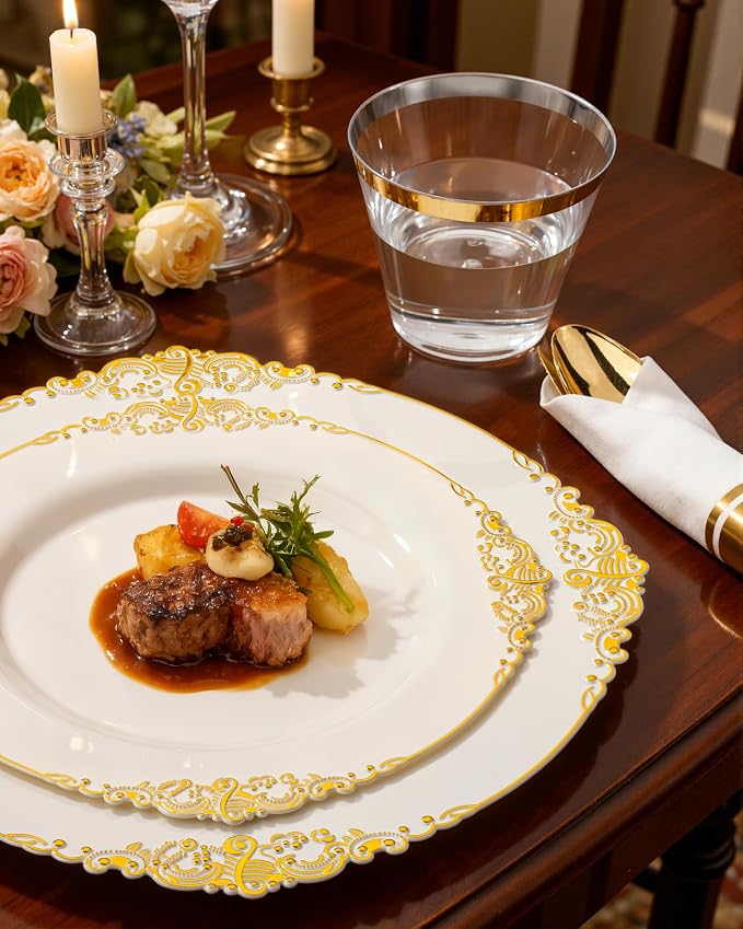 Nervure 175Pcs Ivory Plastic Plates, Disposable Party Plates for 25 Guests | 25 7.5" Dessert & 25 10.25" Dinner Disposable Plates, 75 Gold Cutlery, 25 9oz Cups, 25 Napkin for Wedding & Party, Heavy-duty