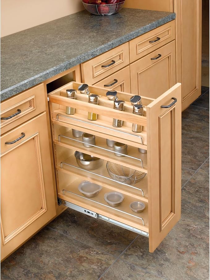 Rev-A-Shelf Pullout Kitchen Cabinet Organizer, Min Cabinet Opening 8.5" W | 8" W Slide Out Pantry Spice or Utensil Storage Rack with Adjustable Shelves for Base Cabinet Organization, 448-BC-8C
