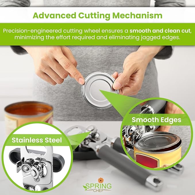 Spring Chef Stainless Steel Manual Can Opener with Soft Grip Handles, Gray | Heavy Duty Hand Can Opener for Seniors with Smooth Edge, Easy Turn, 3in1 Can Opener with Magnetic Lid Remover & Bottle Opener