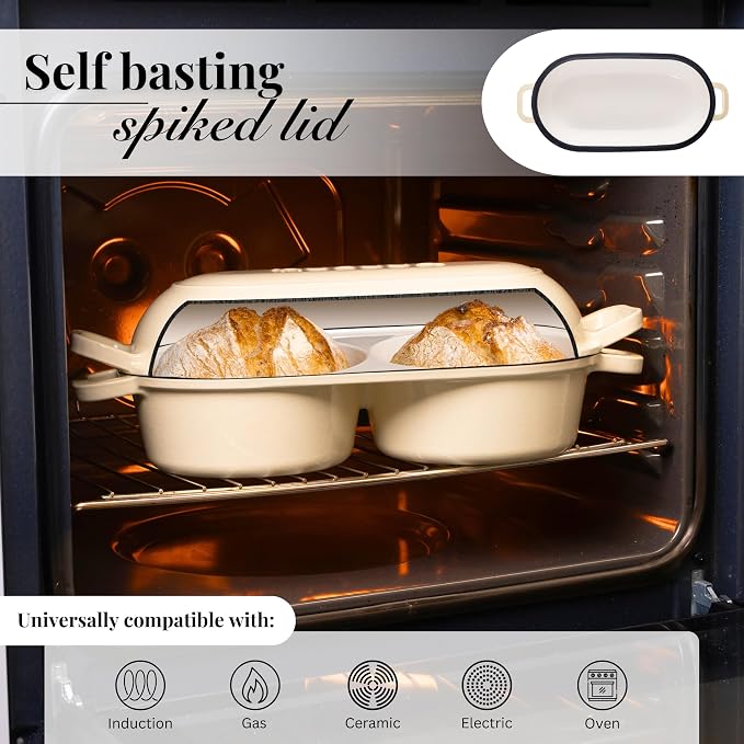 Dutch Oven For Sourdough Bread Baking – Enamelled Cast Iron Bread Loaf Pot – 500°F Oven Safe Non Stick Bread Pot – Double Round Loaf Space, 16.5cm Diameter, Cream, – by Nuovva