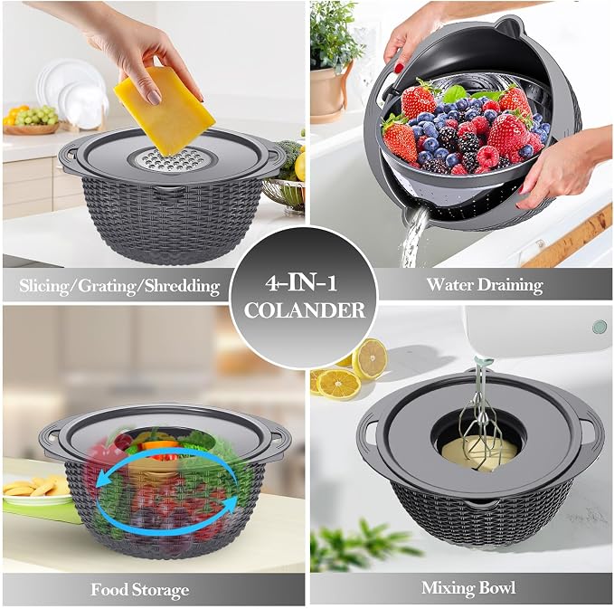 4-in-1 Colander with Bowl Set – Food Strainers and Colanders - Stainless Steel Rotatable Strainer for Fruits & Veggies – Pasta Strainer - Kitchen Essentials - Grey