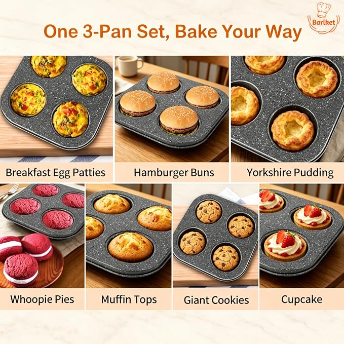4-Cup Muffin Pan, Air Fryer Toaster Oven Muffin Tin Total 12 Cups | Nonstick Granite Coating Carbon Steel Cupcake Pan Set, Easy Release, Nests Flat for Storage, 3-Pack Muffin Baking Pan