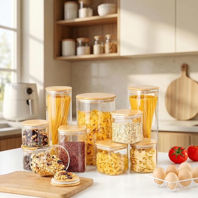 27oz Square Glass Food Storage Containers with Airtight Bamboo Lids, 4 Pack | Pantry Jars for Flour, Sugar, Pasta & Spices, Durable Borosilicate Glass Canister Keep Food Dry & Fresh, Easy to Fill & Clean