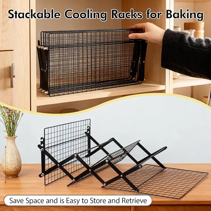 4 Tier Collapsible Cooling Rack - 3 Setting Adjustable & Stackable Stainless Steel Baking Rack, Stackable Cooling Racks for Baking, Cookies, Cakes, Roasting, Grilling, Drying, Space-Saving (Black)