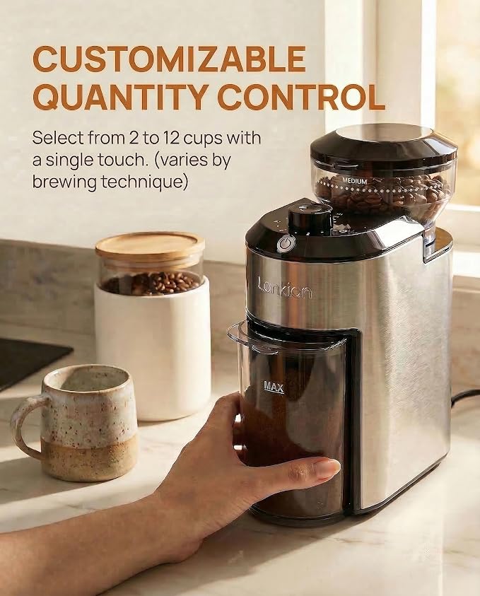 Lonkion Coffee Grinder - Electric Burr Coffee Grinder with 28 Adjustable Settings for Espresso, Drip, French Press - Stainless Steel Coffee Bean Grinder with Anti-Static, 2-12 Cup for Home Use, Black