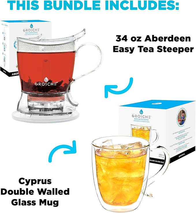 GROSCHE Aberdeen Smart Tea Maker BPA-Free Tea Infuser 34 oz + 16 oz Mug Set | Drip-Free Bottom Dispenser, Coaster, Easy Brewing, Simple Cleanup, Tritan Build, Loose-Leaf Steeping, Stylish Design