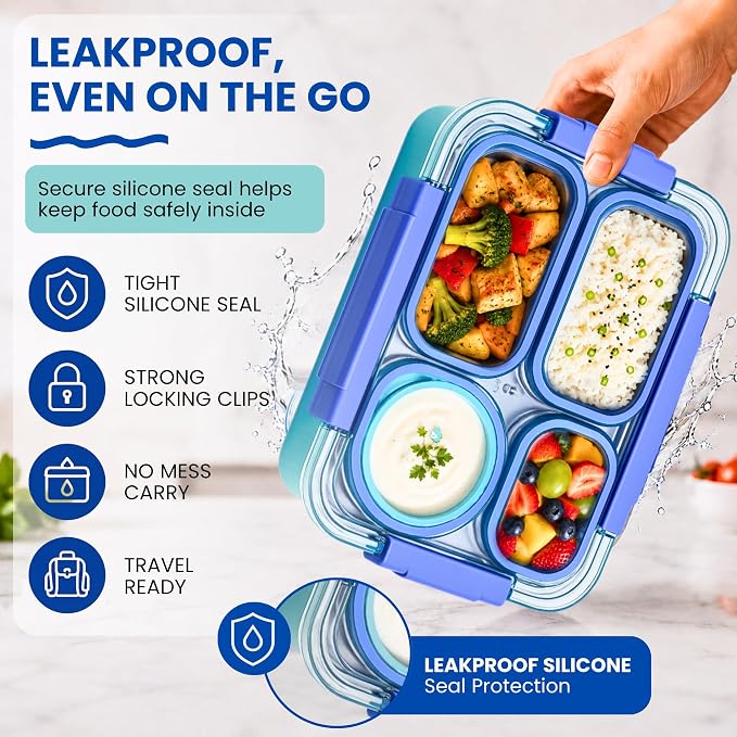 Large 11" x 8" Stainless Steel Bento Lunch Box for Adults with 4 Compartments Leakproof Lid BPA-Free 304 Stainless Steel Food Container That Keeps Food Separate, Ideal for Office and Travel use, Blue