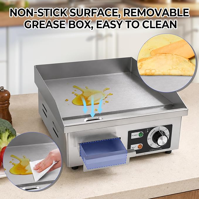 Stainless Steel Electric Griddle, Flat Top Grill for Countertop, Indoor Use | 1700W, 14.2"×15.7" Nonstick Surface, 122°F–572°F Temp Control, Removable Drip Tray for Easy Clean, Grill for Home& Commercial
