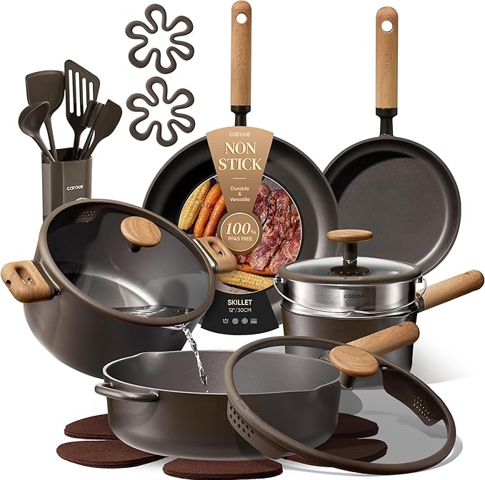 CAROTE 21pcs Nonstick Pots and Pans Set, Cookware Sets | Cooking Set, Dishwasher Safe, Induction Compatible, Even Heating, Stay Cool Handle, with Silicone Lids