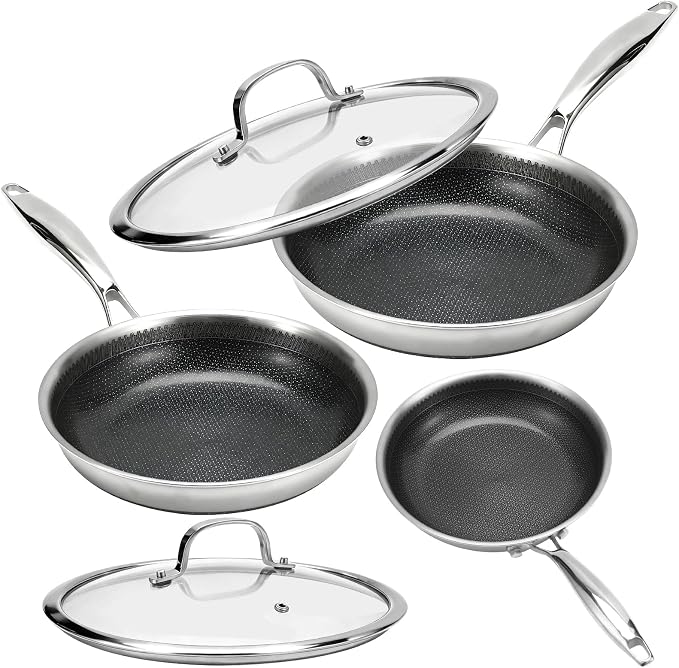 Tri-Ply Stainless Steel Hybrid Frying Pan Set,Ceramic Nonstick Skillet, Induction & Oven Safe 600°F, PFAS/PFOA Free Professional Clad Cookware,8+10+12Inch Set