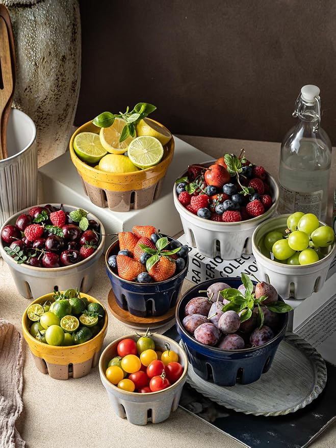 Gomakren Ceramic Berry Basket Set of 2, Small Fruit Bowl Colanders, Gray | Drain Holes Keep Berries Fresh, Stackable, Wash & Serve, Round Strawberry Basket for Fridge Kitchen Counter, Lovely Home Gift