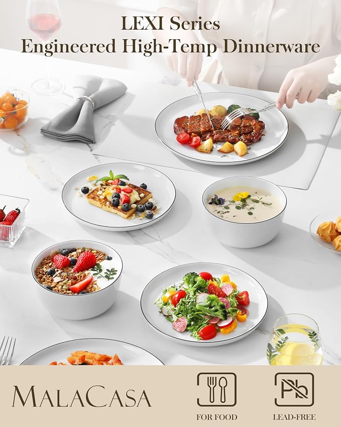 MALACASA 24-Piece Dinnerware Set for 8, White Black-Rim Porcelain Dishes | High-Fired Porcelain, Chip and Scratch Resistant, Microwave and Dishwasher Safe, Dinner, Salad Plates and Cereal Bowls
