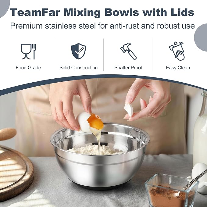 TeamFar Mixing Bowls, Stainless Steel Salad Bowls with Lids - Black | Nesting Bowls with Non-slip Bottom, for Kitchen Baking Preparing Serving, Stackable & 6PCS - 4.6 /2.6 /2 / 1.5 /1 / 0.7 Qt