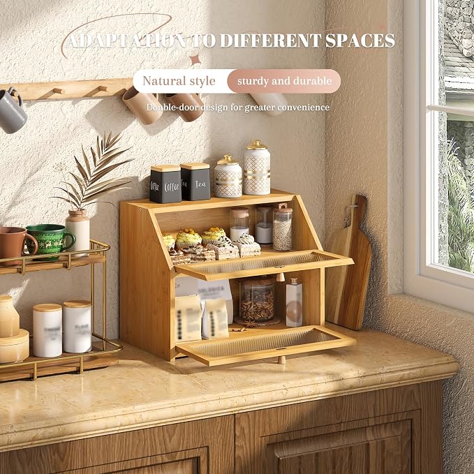 STDDRE Bread Box for Kitchen Countertop Bin Double Layer Bread Box Storage Container Extra Large Capacity Farmhouse with Diamond Pattern Windows (Natural, Large)
