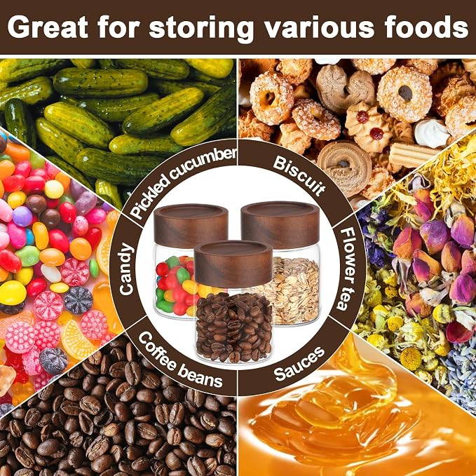5oz Coffee Jars with Wood Lids, 4 Pack 160ml Clear Glass Storage Jars with Airtight Screw Lids, Empty Spice Bottles Food Storage Containers Meal Prep Canister for Salad, Sugar, Honey, Tea, Candy