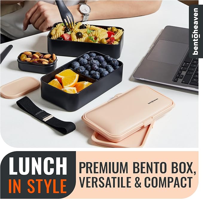Bentoheaven Bento Box Adult, Stackable Lunch Box, 40 oz, Bingo Flamingo | BPA-free, leakproof and microwave-safe with 2 compartments, utensils, chopsticks, divider and sauce cup for men and women.