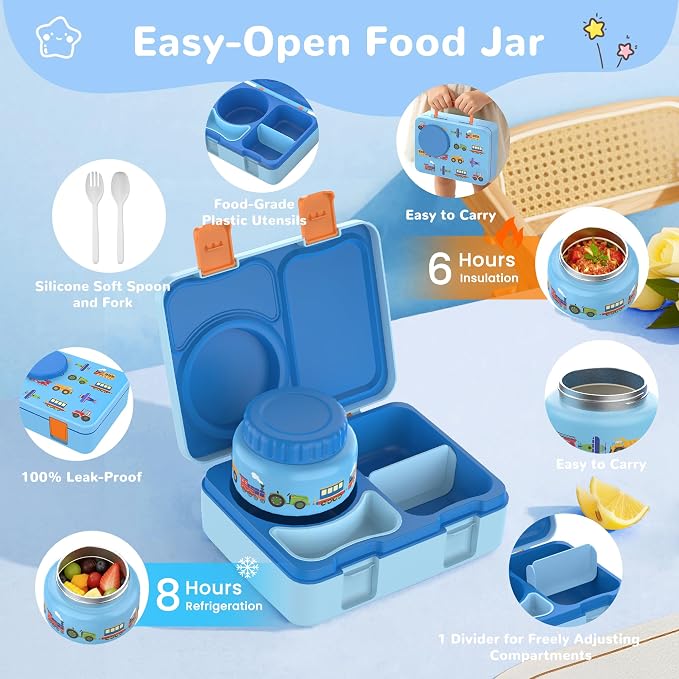 Bento Box for Kids, Leakproof Kids Lunch Box with 8.5OZ Thermo Food Jar & Lunch Bag, 3-4 Compartments Toddler Insulated Lunch Box for Boys, BPA Free Lunch Containers for School Daycare