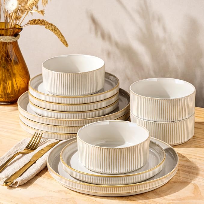 GBHOME Stoneware Dinnerware Sets for 4, 12 Pieces Plates and Bowls Set | Lightweight Ceramic Ribbed Dishes,Reactive Glaze Stackable Plate Set,Scratch Resistant,Microwave Dishwasher Safe,VanillaLatte