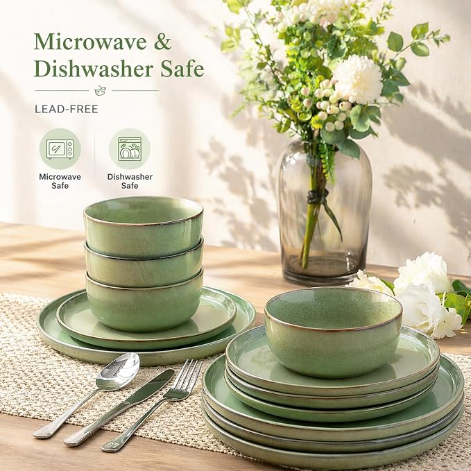 GBHOME Dinnerware Sets for 6, 24 Pieces Ceramic Plates and Bowls Set | Scratch Resistant Stoneware Dishes Set, Dishwasher & Microwave Safe, Reactive Glaze-Pastel Green