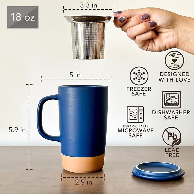 Mora Ceramics Large Tea Mug with Loose Leaf Infuser and Ceramic Lid, 18 oz, Portable, Microwave and Dishwasher Safe, Tall Coffee Cup - Rustic Matte Ceramic Glaze, Modern Herbal Tea Strainer, Deep Blue