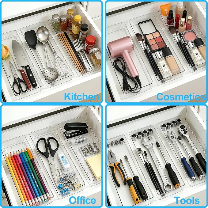 Manalete 8 Pcs Large Clear Plastic Drawer Organizer,12"x6" Vanity Organizer | Durable Clear PET Storage Bins Tray for Desk, Kitchen & Bathroom, Office, Tools, Easy Clean, Stackable, BPA-Free