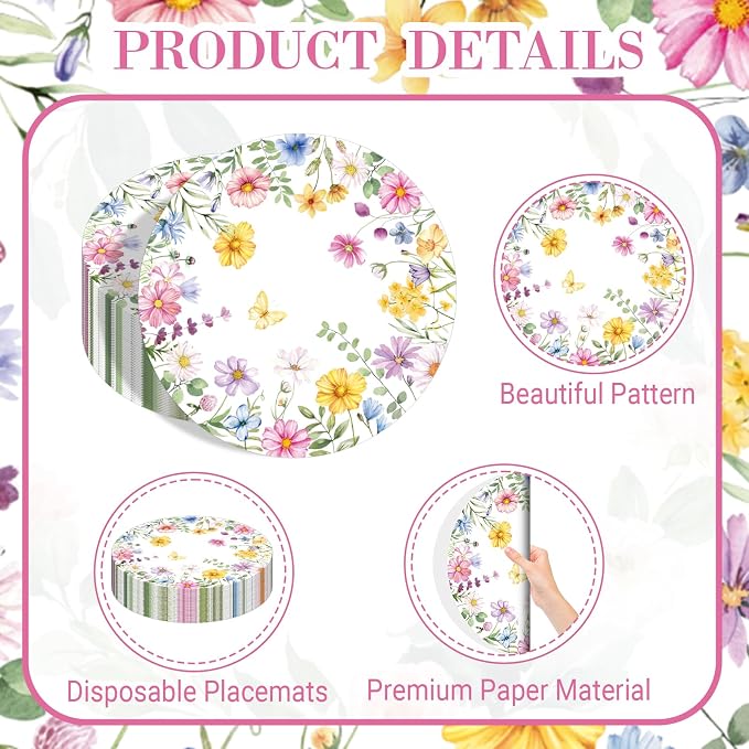 Watercolor Wildflower Wreath Paper Placemats - 50PCS Disposable Round Table Mats for Summer Brunch Birthday Wedding Anniversary Bride Party Supplies