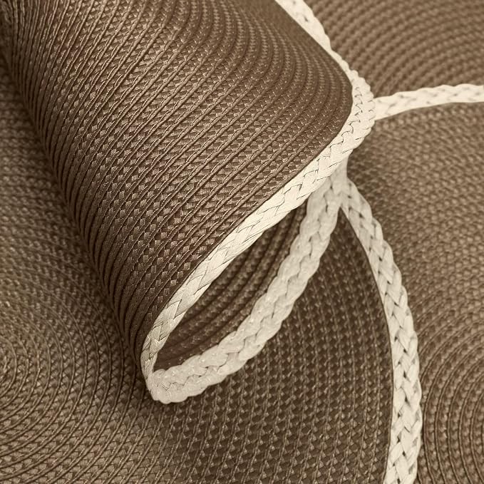 Round Placemats Set of 6, Woven Table Mats, Thin Edge, Coffee Brown | Braided Paper Edge, 15 Inch Diameter, Fits Dinner Plate and Flatware, Wipeable, Heat Resistant, Indoor Dining, Outdoor Patio