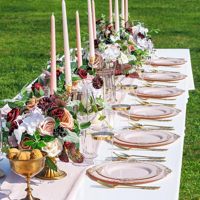 Nervure 175Pcs Pink Plastic Plates, Disposable Party Plates for 25 Guests | 25 7.5" Dessert & 25 10.25" Dinner Plastic Plates, 75 Gold Cutlery, 25 9oz Cups, 25 Napkin for Wedding & Party, BPA-free