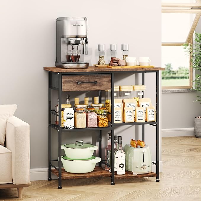 SWTYMIKI Bakers Rack with Storage - Coffee Bar Cabinet Organizer, Coffee Station for Kitchen Dining Room, Microwave Stand with Adjustable Feet, Espresso